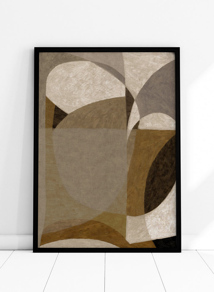 An abstract geometric area rug featuring overlapping organic shapes in shades of taupe, beige, brown, and charcoal gray. Shop Earthy Abstract Shapes by Dan Hobday, a neutral abstract art print featuring layered organic forms, warm earthy tones, and soft textured detail.