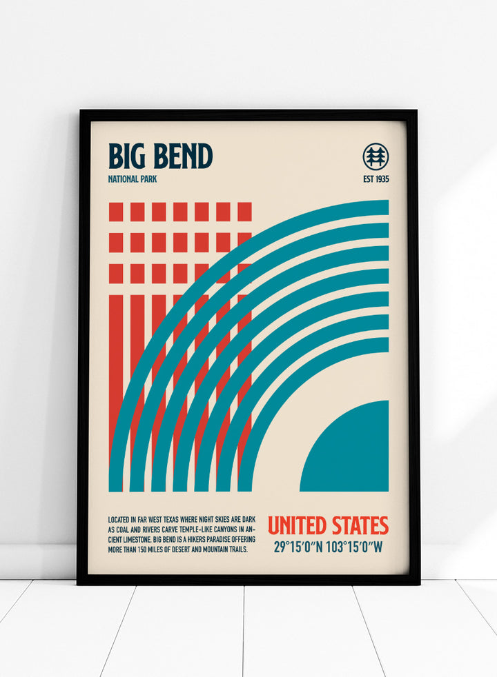 A stylized travel poster for Big Bend National Park featuring bold geometric graphics in teal and red on a warm beige background, with text including &