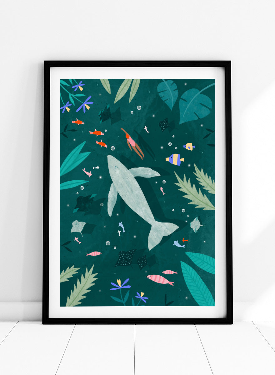 Shop Peaceful Ocean Encounter by Bea Müller, an ocean wall art print poster featuring a swimmer, whale, tropical fish, and whimsical underwater scenery in teal.