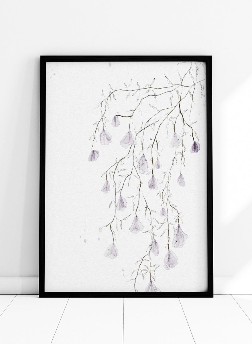 A framed watercolor art print depicting delicate, thin branches with small hanging lavender-purple bell-shaped flowers on a white background. Shop Delicate Lavender Cascade by Ankie Kooi, a floral wall art print poster with hanging lavender flowers, botanical branches, and soft watercolor detail.