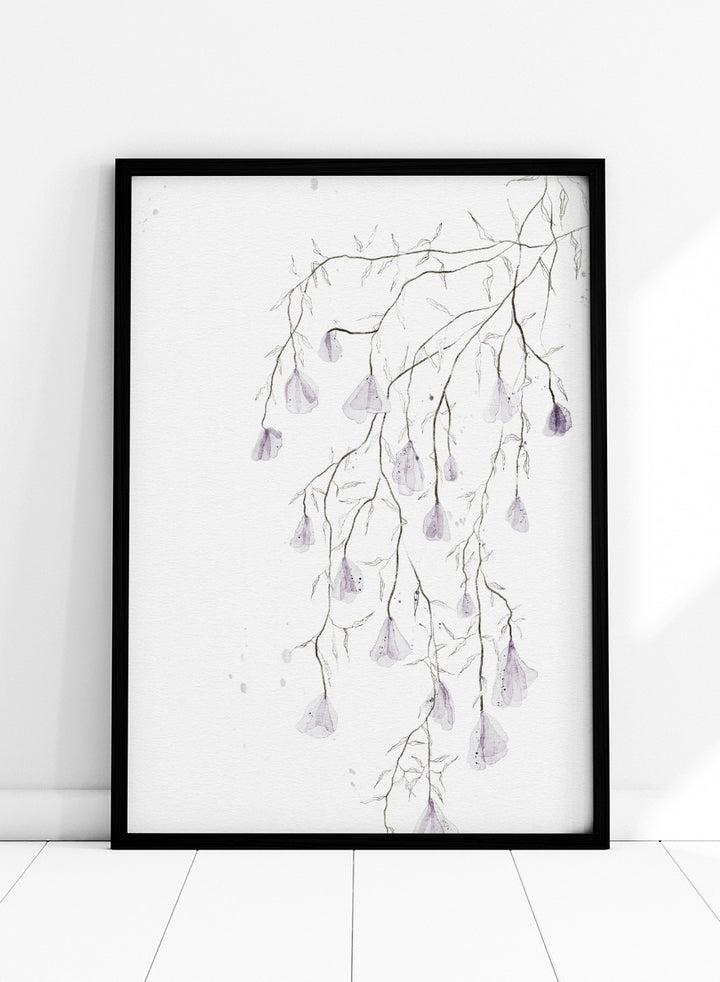 A framed watercolor art print depicting delicate, thin branches with small hanging lavender-purple bell-shaped flowers on a white background. Shop Delicate Lavender Cascade by Ankie Kooi, a floral wall art print poster with hanging lavender flowers, botanical branches, and soft watercolor detail.