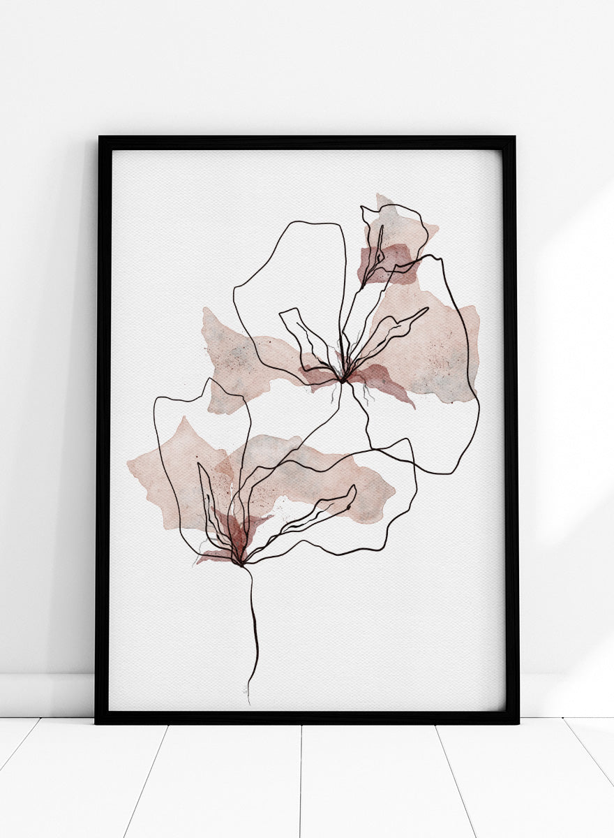 Shop Abstract Blush Botanicals by Ankie Kooi, a modern floral wall art print poster with abstract flowers, minimalist line art, blush pink, cream, and black.