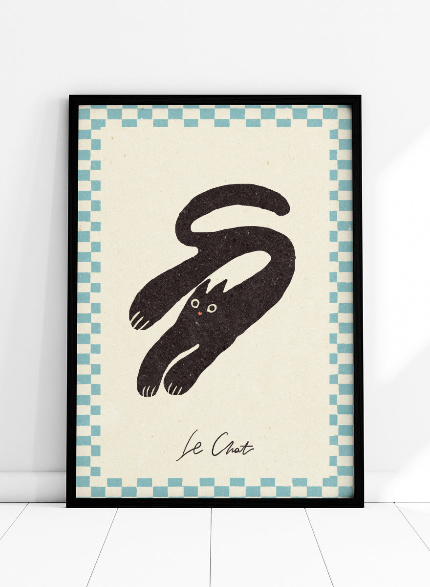 Shop Le Chat No.03 by NKTN, a playful black cat wall art print poster featuring a stretched cat, checkerboard border, and quirky vintage-inspired graphic style.