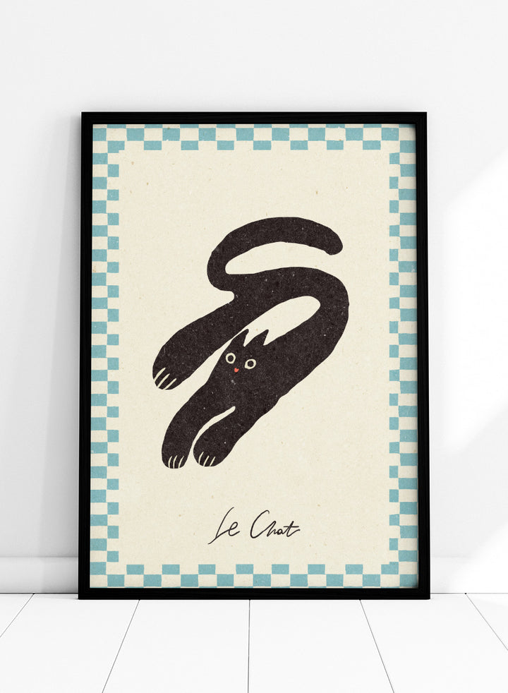 Shop Le Chat No.03 by NKTN, a playful black cat wall art print poster featuring a stretched cat, checkerboard border, and quirky vintage-inspired graphic style.