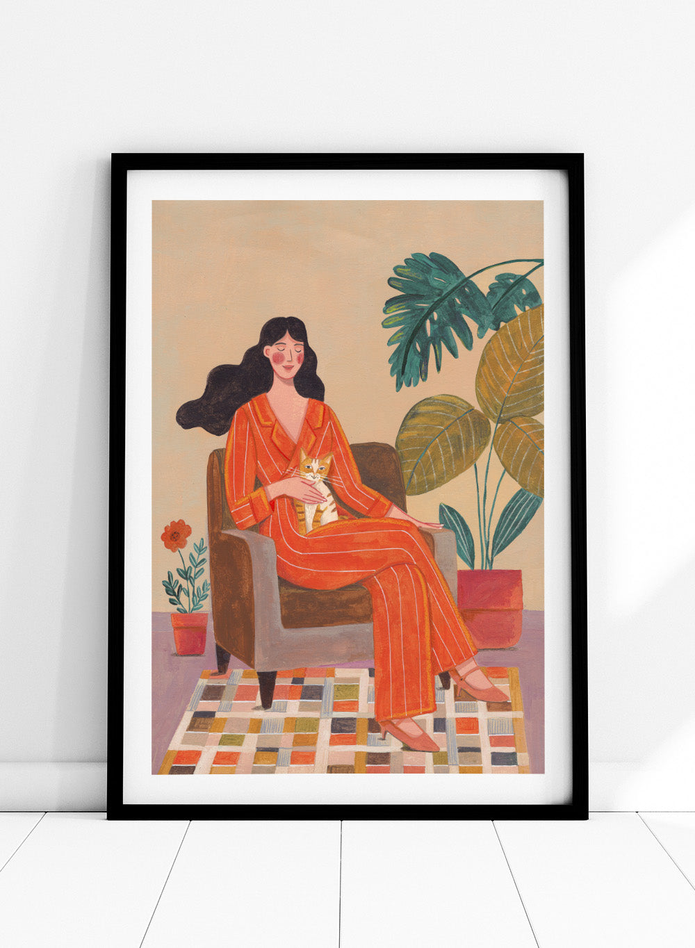Illustration of a woman in an orange outfit sitting in a chair with plants around her. Cozy Home with Cat by Caroline Bonne Müller is a fine art print and wall poster featuring a woman in an orange outfit sitting with a cat in a warm, plant-filled interior.