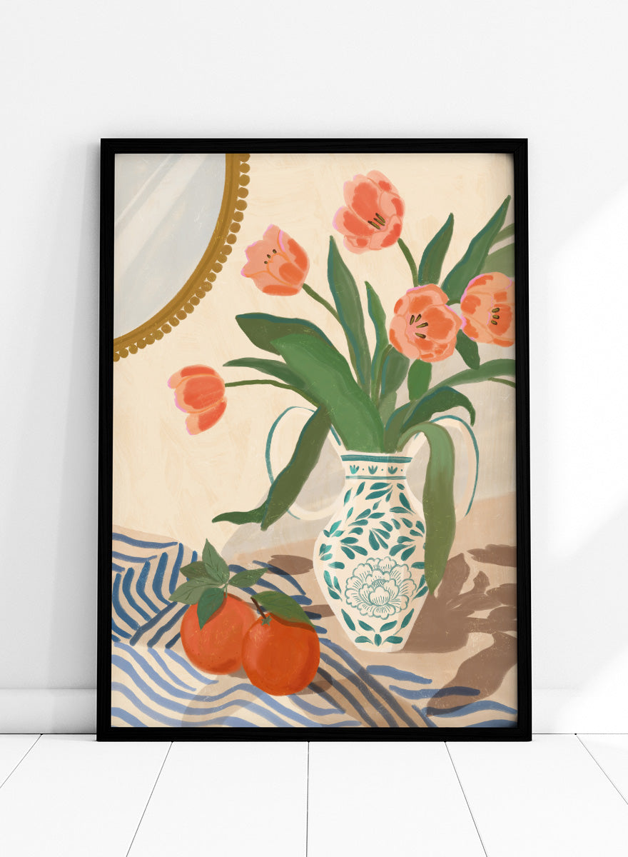 Fresh Tulips and Oranges by Katarzyna Gąsiorowska botanical still life art print with coral flowers, citrus fruit, and a patterned ceramic vase.