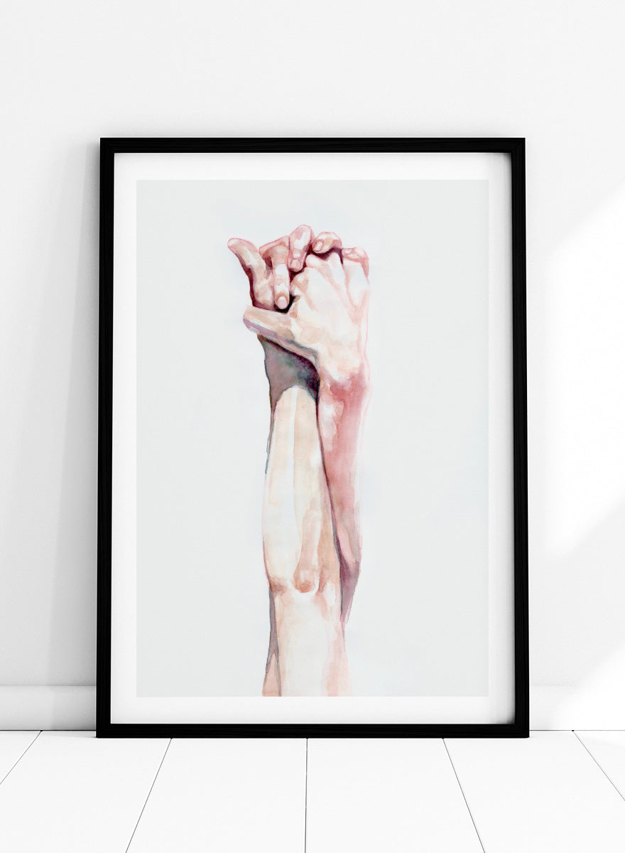 Shop Tender Hand Embrace by Sophia Novosel, a soft figurative wall art print poster featuring two hands intertwined in pink, peach, and cream watercolor tones.