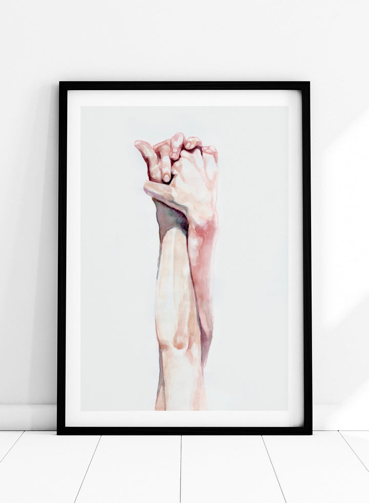 Shop Tender Hand Embrace by Sophia Novosel, a soft figurative wall art print poster featuring two hands intertwined in pink, peach, and cream watercolor tones.