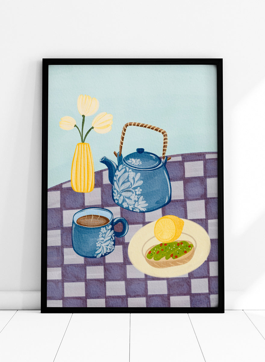 Shop Blue Teapot Breakfast by Nikita Jariwala, a kitchen wall art print poster featuring a floral teapot, tea cup, breakfast still life, and blue tones.