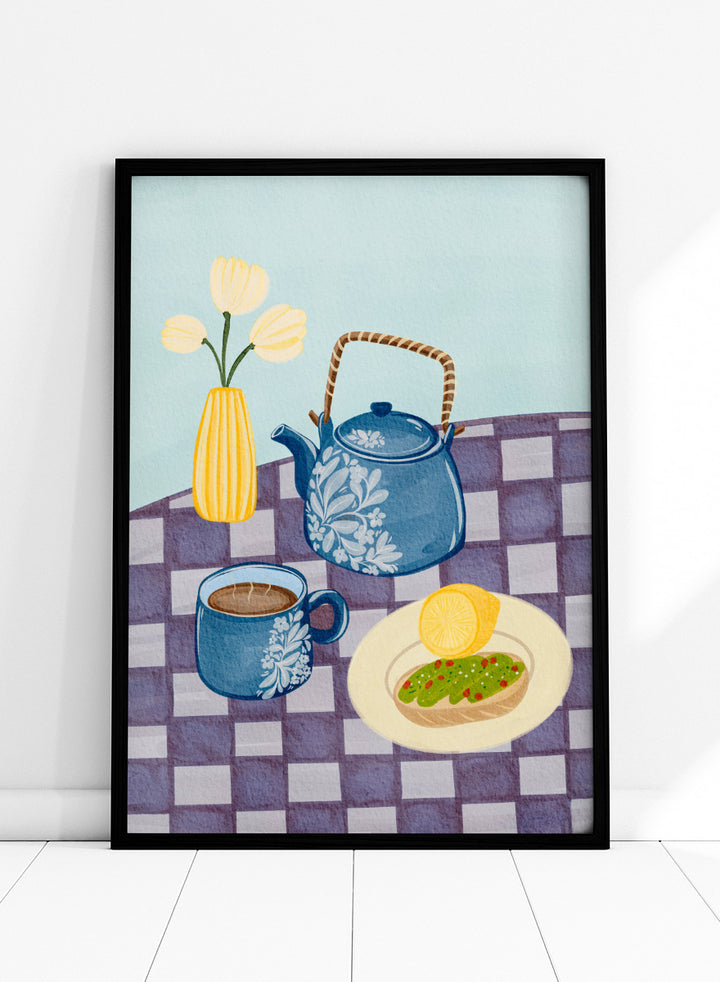 Shop Blue Teapot Breakfast by Nikita Jariwala, a kitchen wall art print poster featuring a floral teapot, tea cup, breakfast still life, and blue tones.