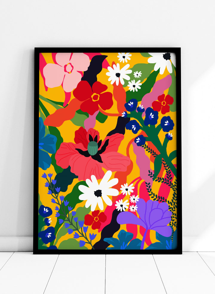 Colorful floral pattern with various flowers on a yellow background. Wildflower Tangle by Rafaela Mascaro botanical art print featuring bold colorful flowers, layered wildflower pattern, and vibrant contemporary floral wall art poster.