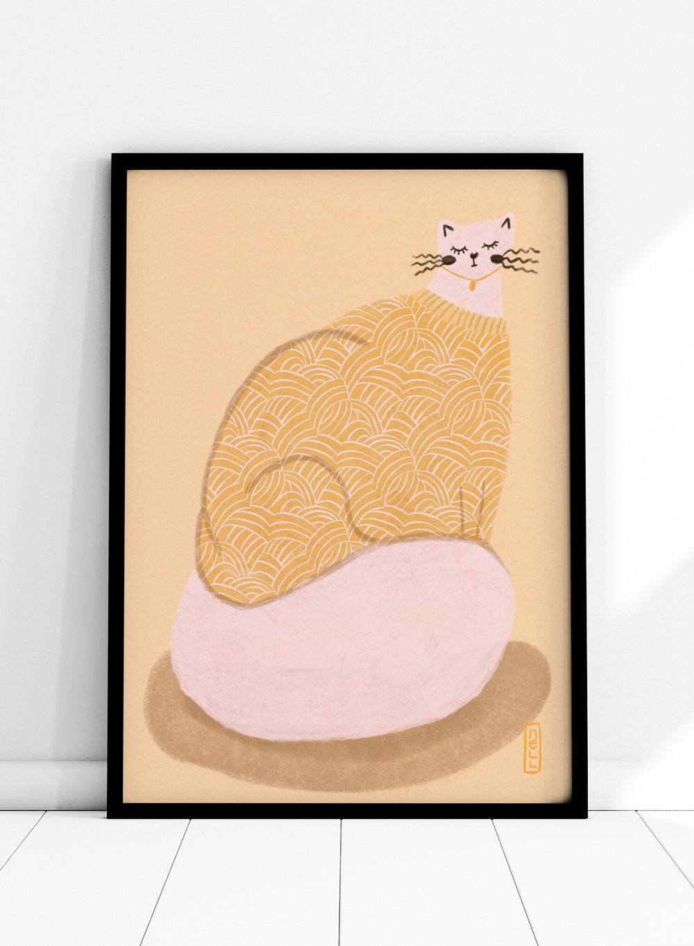 Cozy Cat in Sweater by Dirkie Nell is a modern cat art print with soft pastel tones, playful illustration details, and cozy hand drawn aesthetic wall art.