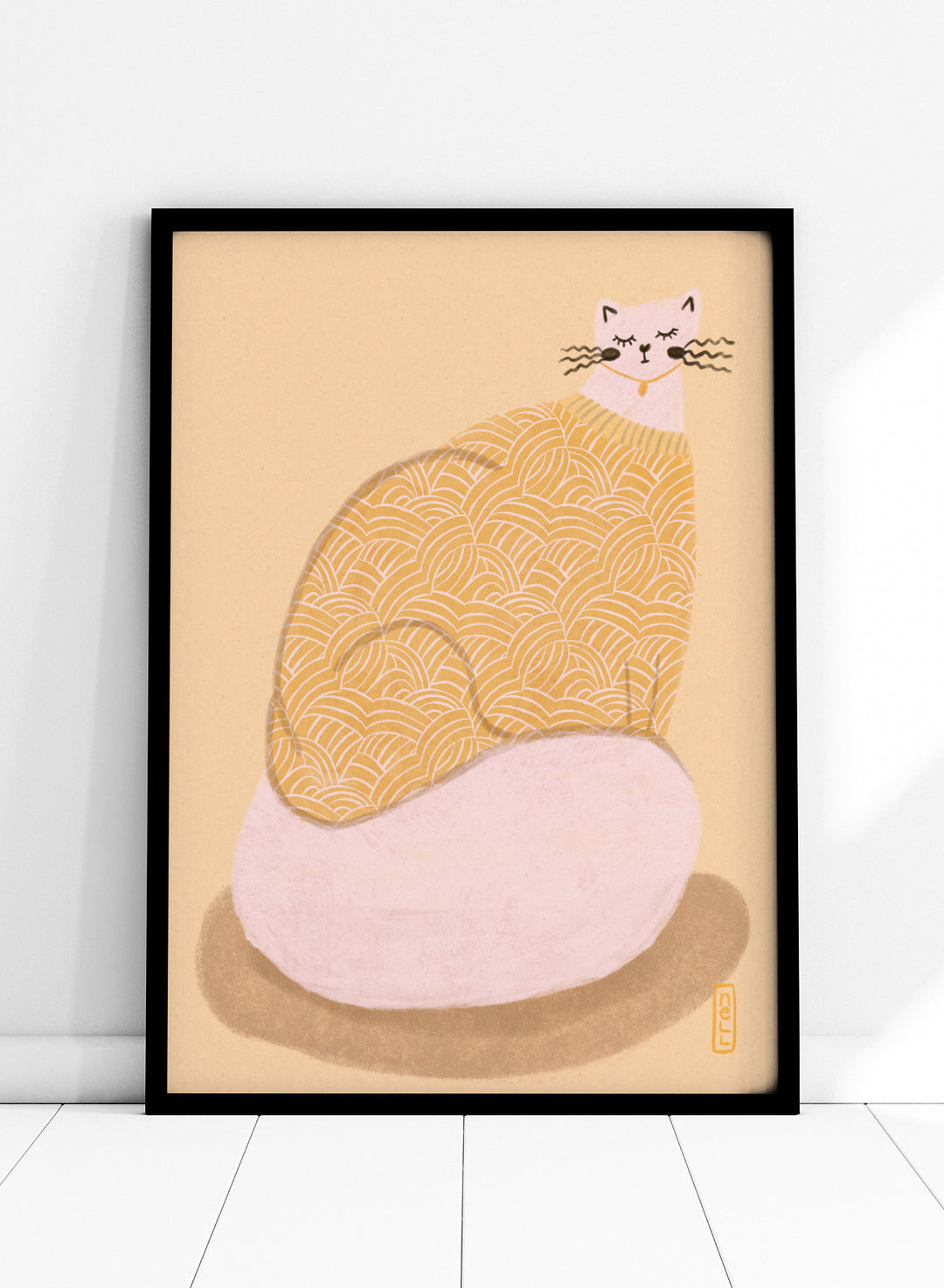 Cozy Cat in Sweater by Dirkie Nell is a modern cat art print with soft pastel tones, playful illustration details, and cozy hand drawn aesthetic wall art.