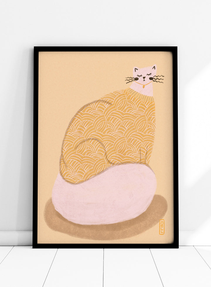 Cozy Cat in Sweater by Dirkie Nell is a modern cat art print with soft pastel tones, playful illustration details, and cozy hand drawn aesthetic wall art.