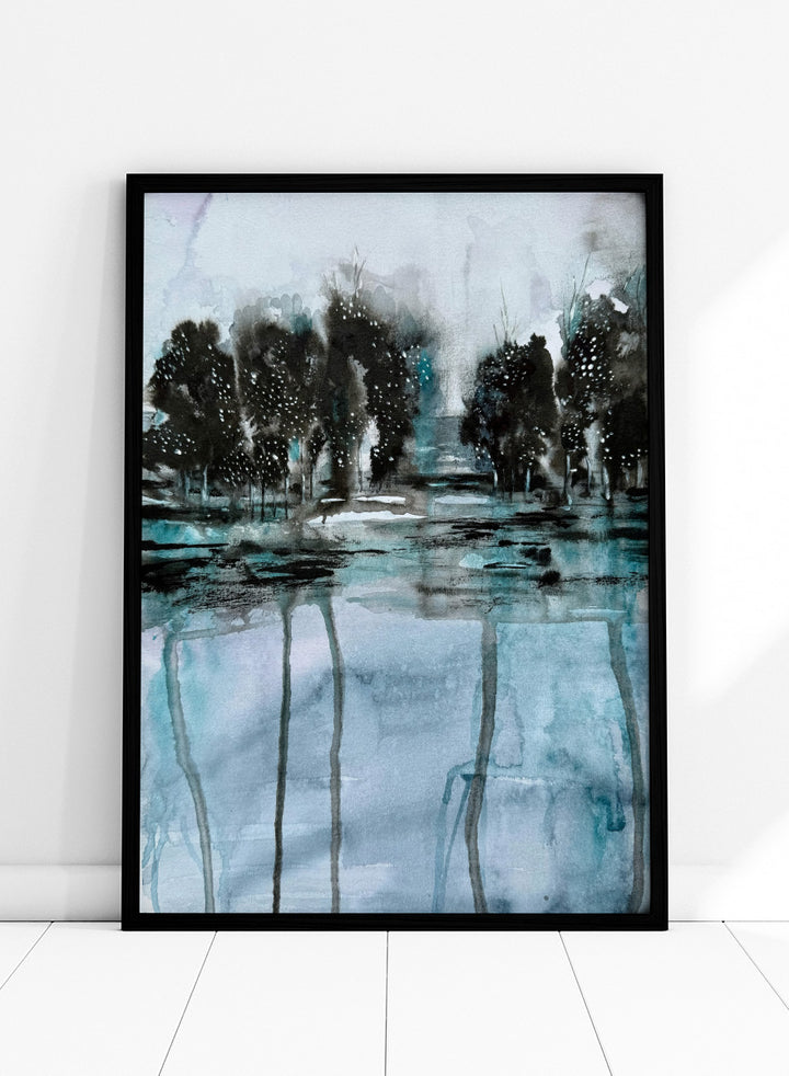 Shop Dark Forest Reflection by Helena Ryhle, a moody watercolor landscape wall art print poster featuring dark trees, reflective water, and deep blue-green tones.