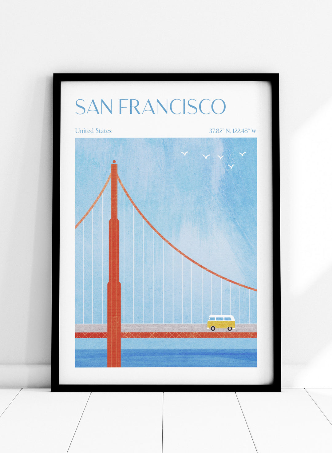 Illustration of the Golden Gate Bridge with a van and birds in San Francisco, United States. Golden Gate San Francisco by Longwayhome is a minimalist travel art print featuring the Golden Gate Bridge, coastal California scenery, and modern mid century inspired design.