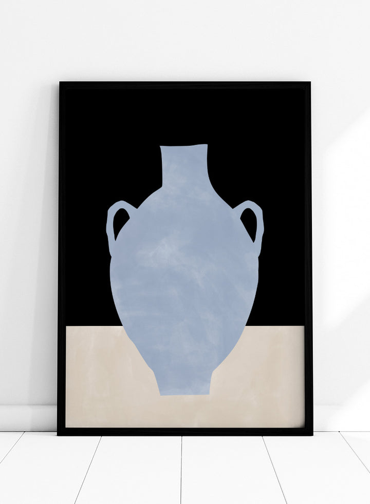 Shop Blue Minimalist Vase by Elena Ristova, a modern still life wall art print poster featuring a pale blue amphora against black and cream blocks.