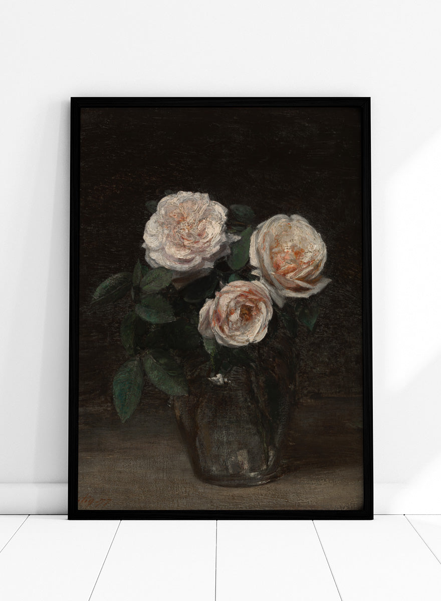 Shop Still Life with Roses by Henri Fantin-Latour, a vintage floral wall art print poster featuring pale roses against a rich brown background.