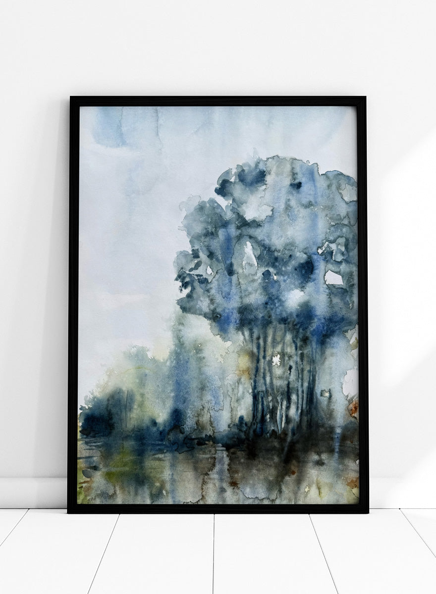 Shop Serene Forest Reflection by Helena Ryhle, a watercolor forest landscape wall art print poster with reflective water and a calm blue-toned mood.