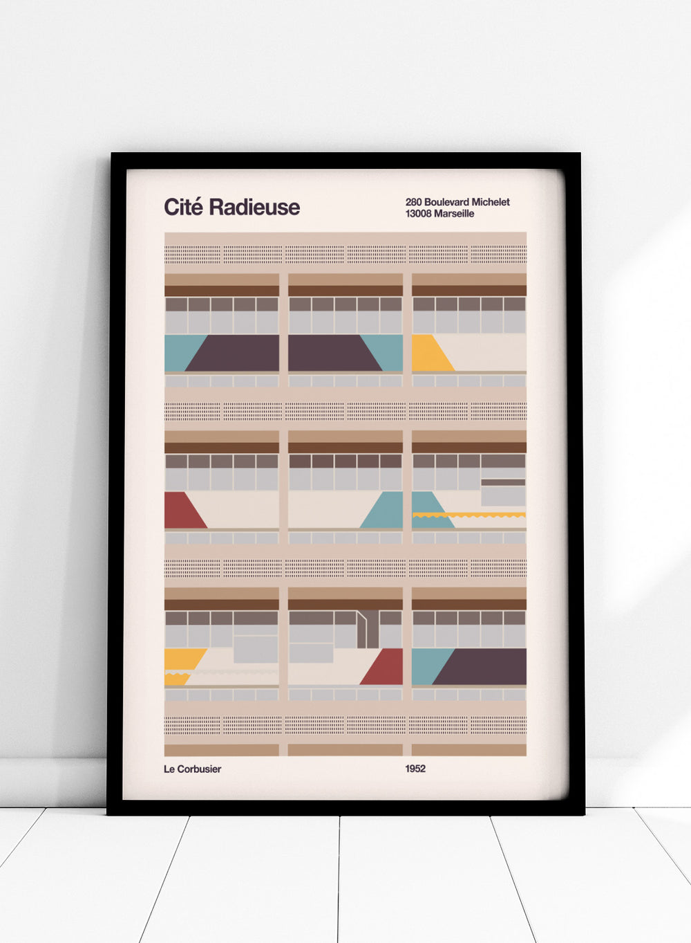 Illustration of a Bauhaus modernist building with geometric design, featuring text and Le Corbusier's name.Colorful Geometric Facade by Florent Bodart is a modern architectural art print with geometric building shapes and color blocks, a minimalist wall poster.