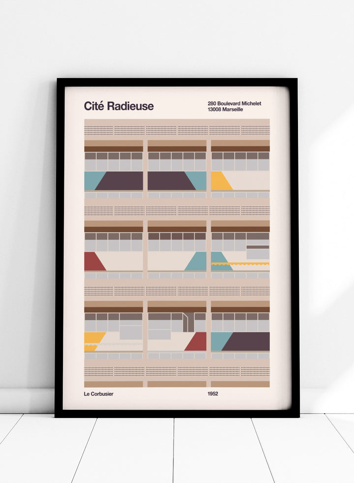 Illustration of a Bauhaus modernist building with geometric design, featuring text and Le Corbusier's name.Colorful Geometric Facade by Florent Bodart is a modern architectural art print with geometric building shapes and color blocks, a minimalist wall poster.
