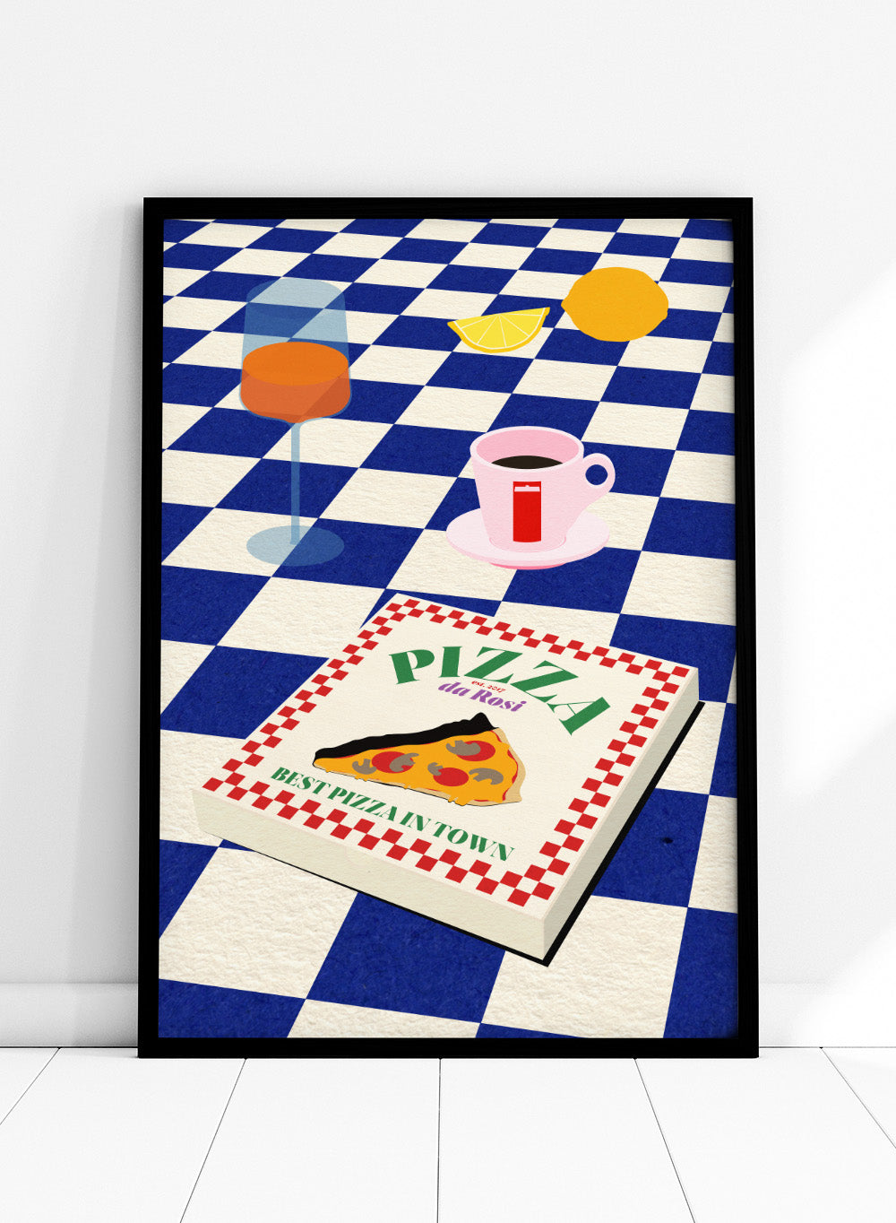 Pizza box with 'Pizza da Ross' branding on a blue and white checkered background. The Italian Menu by Rosi Feist is a modern kitchen wall art print featuring pizza and espresso in a bold minimalist food poster style.