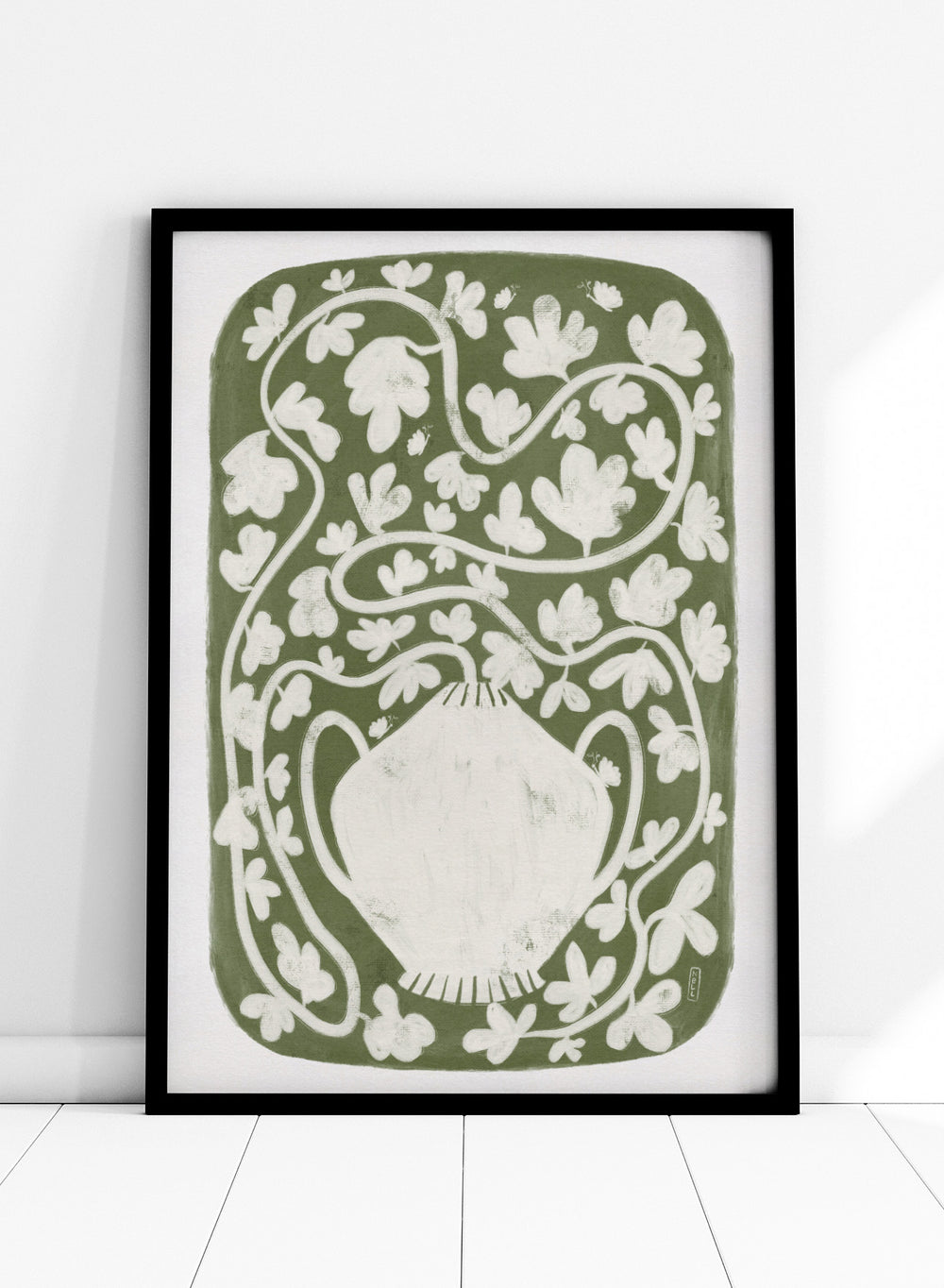 Winding Botanical Vase by Dirkie Nell is a modern folk art print featuring botanical vines, olive green tones, and hand drawn Scandinavian inspired wall art.