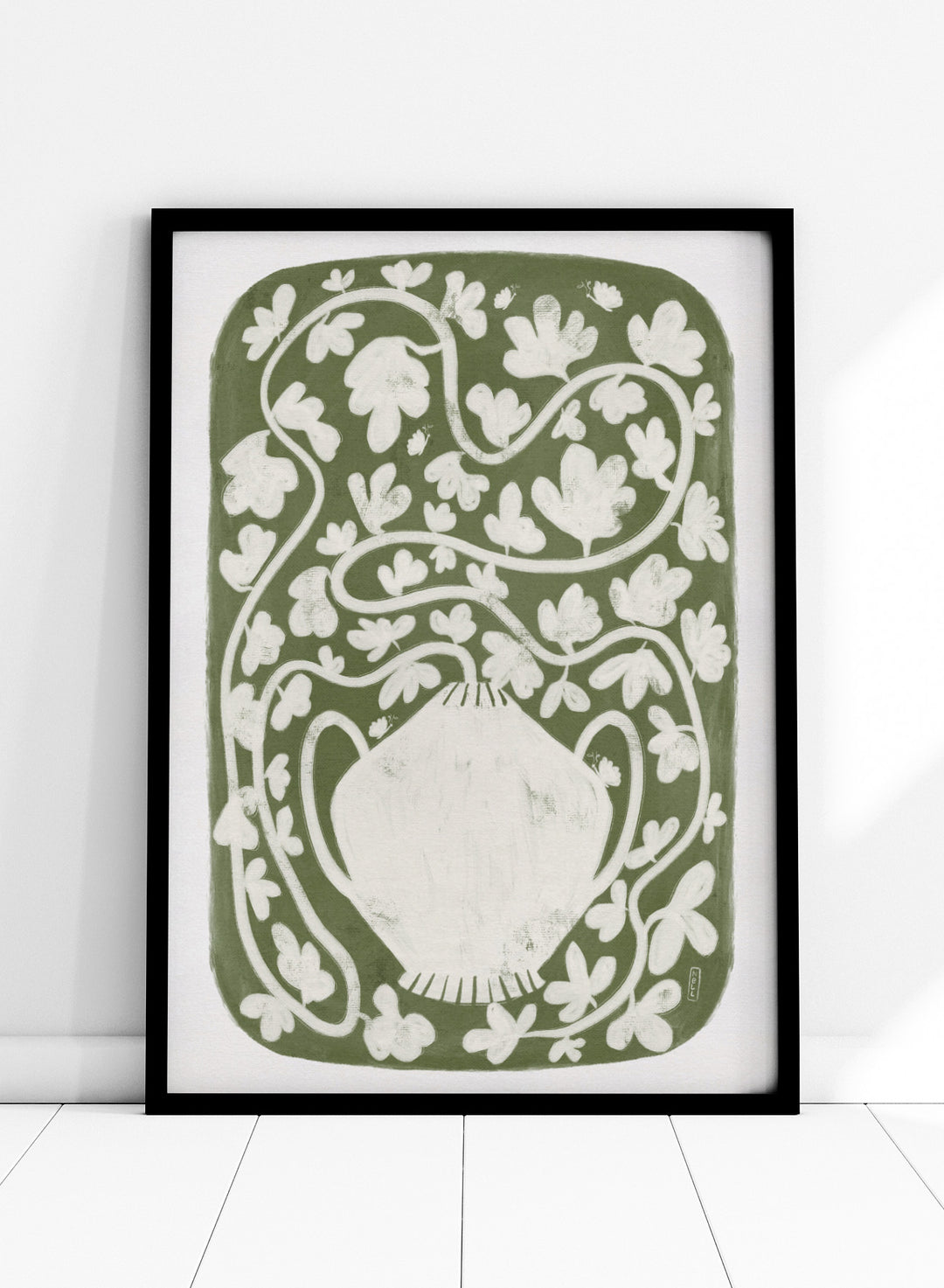 Winding Botanical Vase by Dirkie Nell is a modern folk art print featuring botanical vines, olive green tones, and hand drawn Scandinavian inspired wall art.