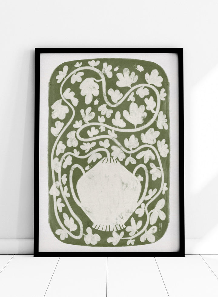 Winding Botanical Vase by Dirkie Nell is a modern folk art print featuring botanical vines, olive green tones, and hand drawn Scandinavian inspired wall art.