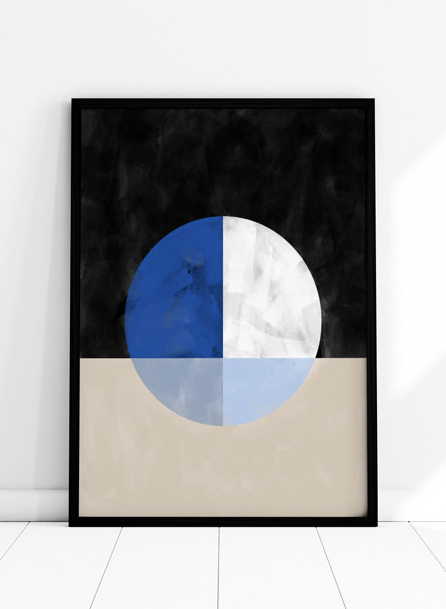 Shop Abstract Geometric Reflection by Elena Ristova, a modern abstract wall art print poster featuring a blue-and-white circle, mirrored forms, and bold black and cream.