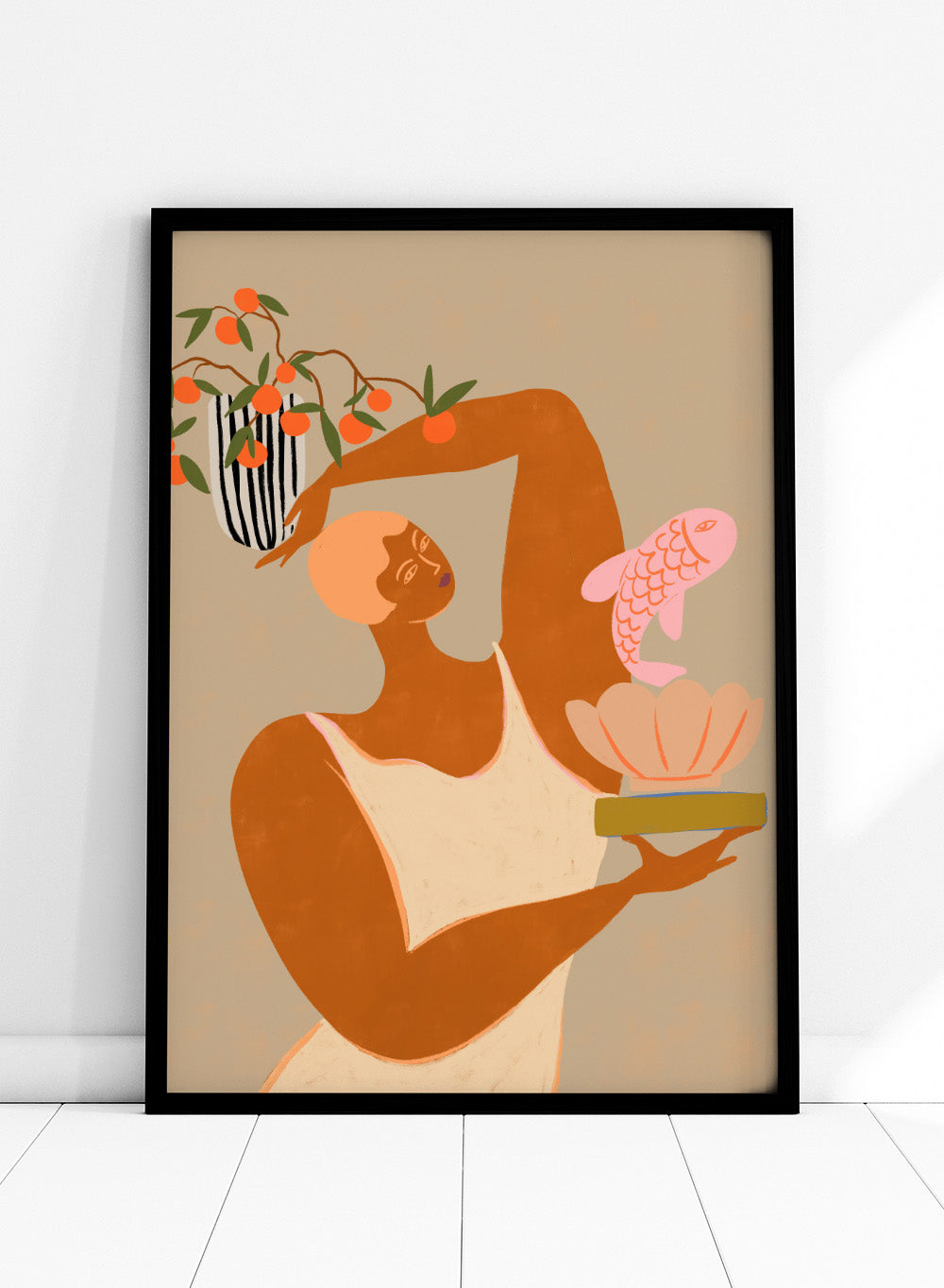 Illustration of a person holding a shell with a fish and a vase with flowers on a beige background. Fish and Oranges by Arty Guava is a modern surreal art print of a woman holding a fish with orange still life details. Officially licensed wall poster.