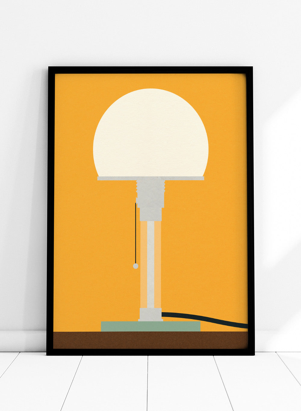 Illustration of a lamp on an orange background. Wagenfeld WG24 Table Lamp by Rosi Feist is a modern minimalist fine art print inspired by Bauhaus design. Officially licensed wall poster with optional artisan framing.