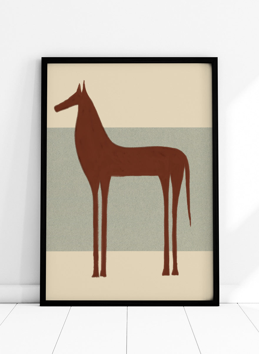 Minimalist Brown Horse by The Art Concept animal art print featuring a tall brown horse, elongated proportions, and a soft cream and blue-grey background.