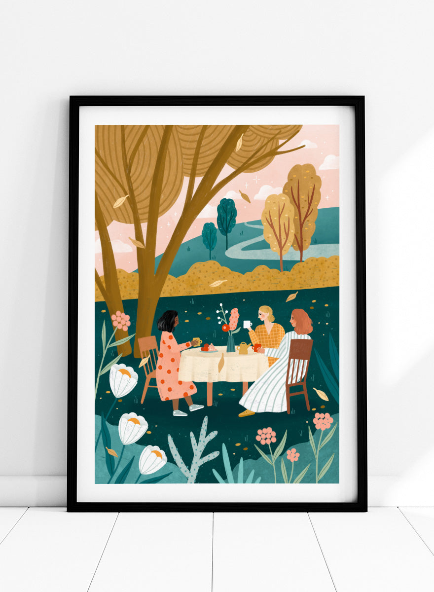 Shop Autumn Tea Party by Bea Müller, a figurative wall art print poster featuring three friends sharing tea in a garden surrounded by warm green autumn scenery.