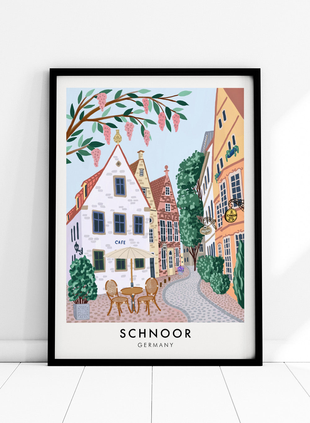 Schnoor District Bremen Germany Colorful Medieval Town Buildings Travel City Art Print | Landscape Illustration, Europe Travel Poster