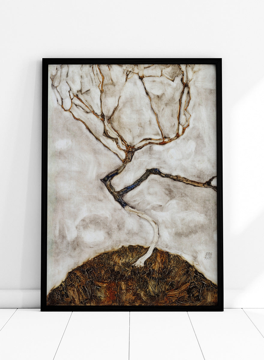 Shop Small Tree in Late Autumn by Egon Schiele, a vintage Expressionist wall art print poster featuring a bare autumn tree in soft cream tones.