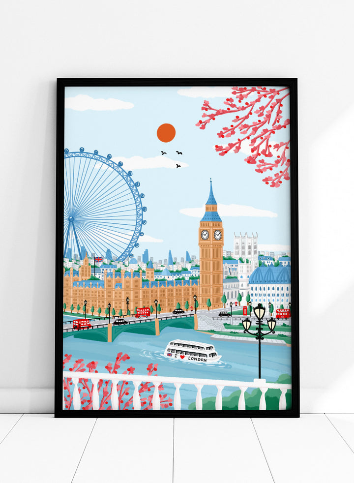A colorful illustrated cityscape of London featuring Big Ben, the London Eye, red double-decker buses, a river boat, clouds, birds, and pink blossoms against a light blue sky. Shop Spring London Landmarks by Nidhi Kachhadiya, a colorful London wall art print featuring Big Ben, the London Eye, cherry blossoms, and bright spring city views.