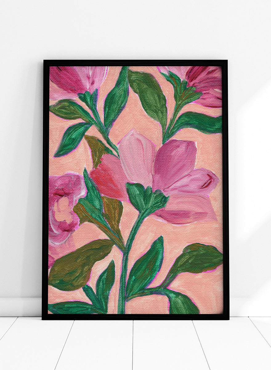Shop Vibrant Pink Blooms No.2 by Nikita Jariwala, a floral wall art print poster featuring oversized pink flowers and lush modern botanical artwork.