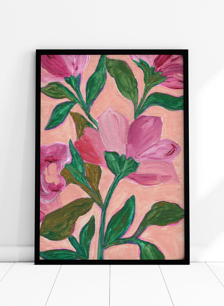 Shop Vibrant Pink Blooms No.2 by Nikita Jariwala, a floral wall art print poster featuring oversized pink flowers and lush modern botanical artwork.