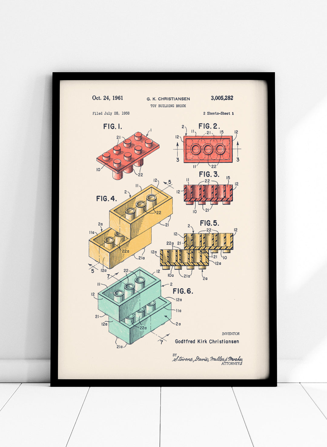 Toy building brick patent illustration with labeled figures on a white background. Historic Building Brick Patent by Florent Bodart is a vintage patent art print featuring toy brick diagrams, a technical drawing wall poster with retro industrial style.