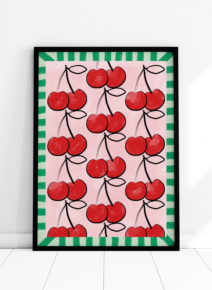 Shop Sweet Cherry Pattern by Elena Ristova, a cherry wall art print poster in red, pink, and green with a playful patterned fruit design.