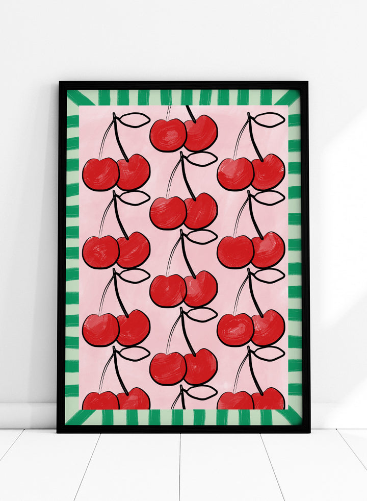 Shop Sweet Cherry Pattern by Elena Ristova, a cherry wall art print poster in red, pink, and green with a playful patterned fruit design.