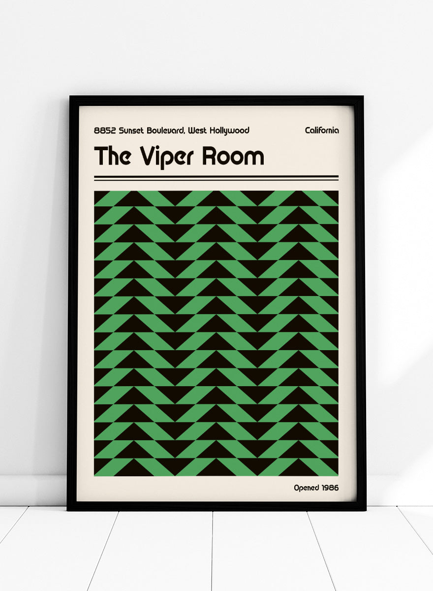 A poster-style graphic for The Viper Room, showing a cream background with black text reading the venue name and address, plus a large central green-and-black geometric pattern of repeating triangles. &