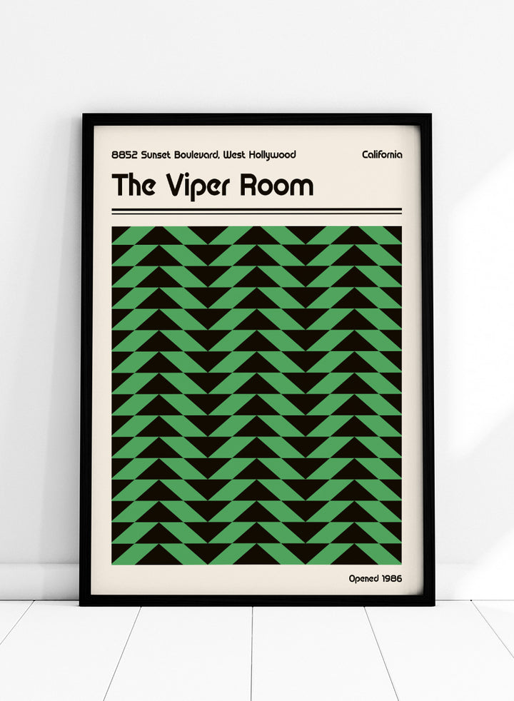 A poster-style graphic for The Viper Room, showing a cream background with black text reading the venue name and address, plus a large central green-and-black geometric pattern of repeating triangles. &
