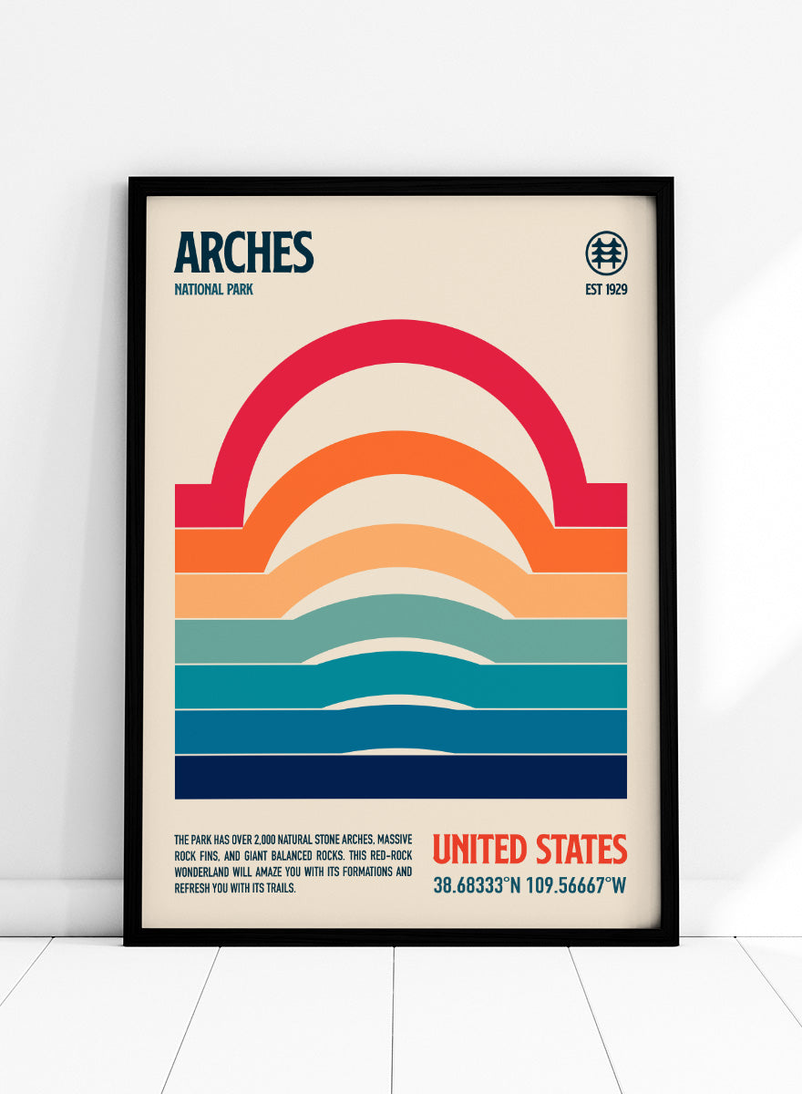 A retro-style poster for Arches National Park featuring a stylized rainbow arch made of horizontal color bands on a cream background, with the text &