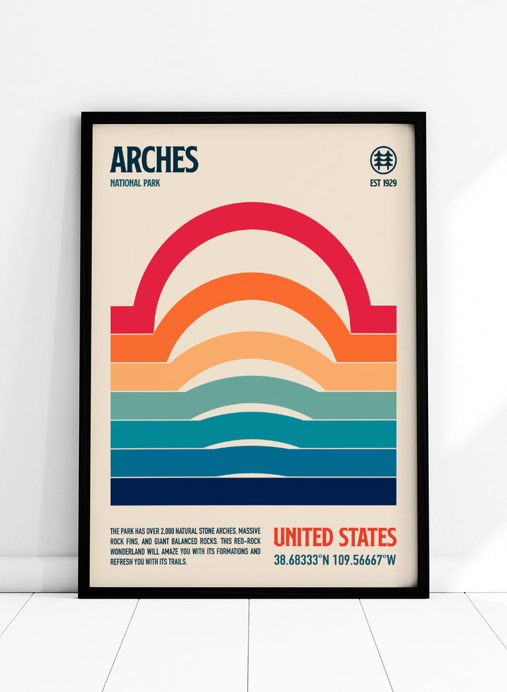 A retro-style poster for Arches National Park featuring a stylized rainbow arch made of horizontal color bands on a cream background, with the text &