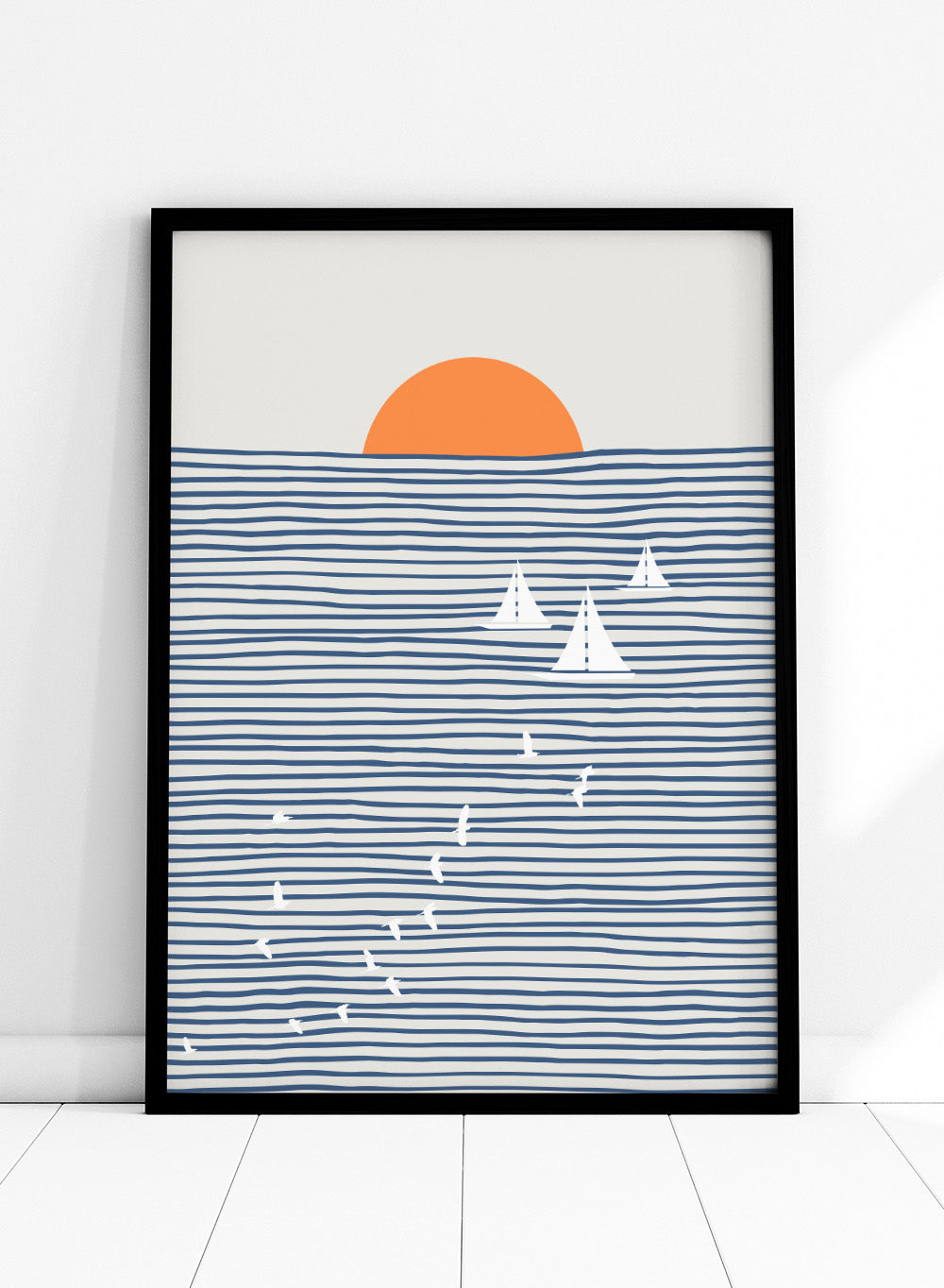 Three White Sails art print by Little Dean. Contemporary coastal wall art with sailboats, birds, striped ocean lines, orange sun, modern illustration poster design.
