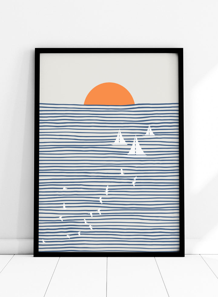 Three White Sails art print by Little Dean. Contemporary coastal wall art with sailboats, birds, striped ocean lines, orange sun, modern illustration poster design.