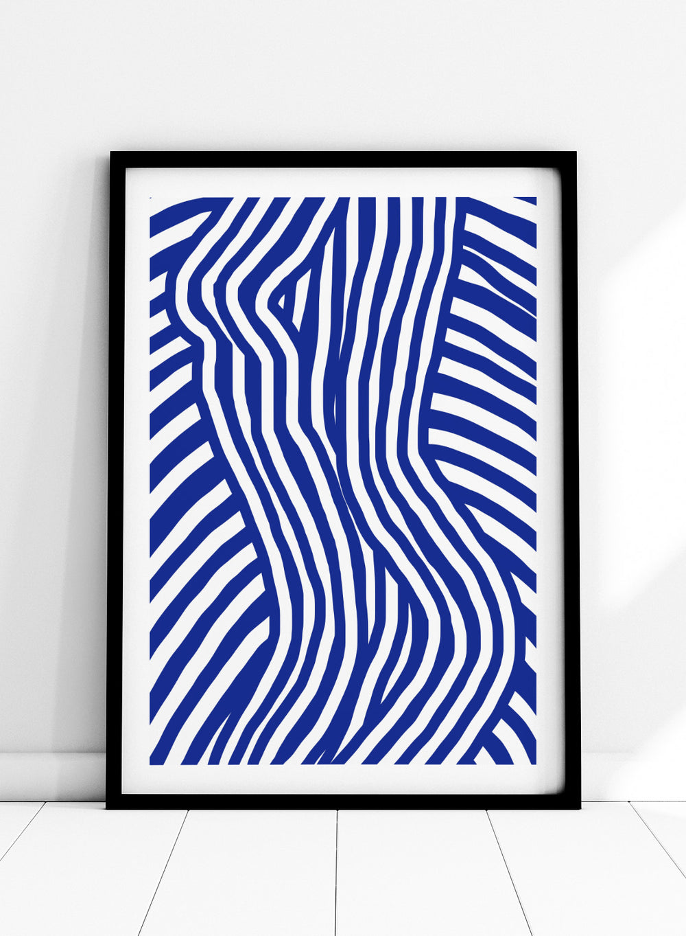 Blue and white wavy pattern on a white background. Blue and White Striped by Little Dean abstract optical illusion art print featuring striped silhouette, modern graphic pattern illustration wall art poster.