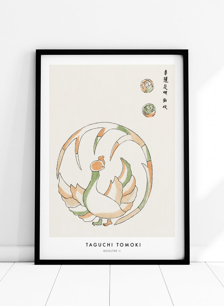 Rooster II Yatsuo no Tsubaki by Taguchi Tomoki is a vintage Japanese woodblock art print featuring a stylized rooster in green, peach, and orange with original script.